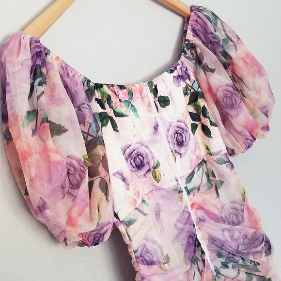 Donnee Par Dieu Corset Floral Ruched Mesh Puff Sleeve Bodycon Mini Dress Fairy M - Picture 9 of 16